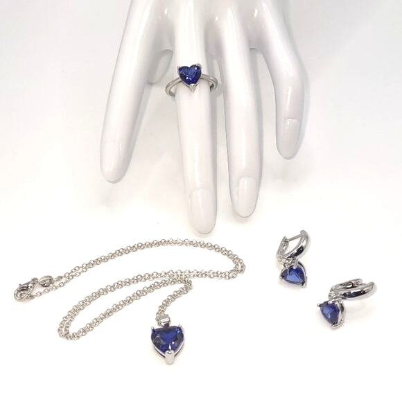 925 Sterling Silver Necklace Ring Earring Set Blue Synthetic Heart Gemstones New - Picture 1 of 10